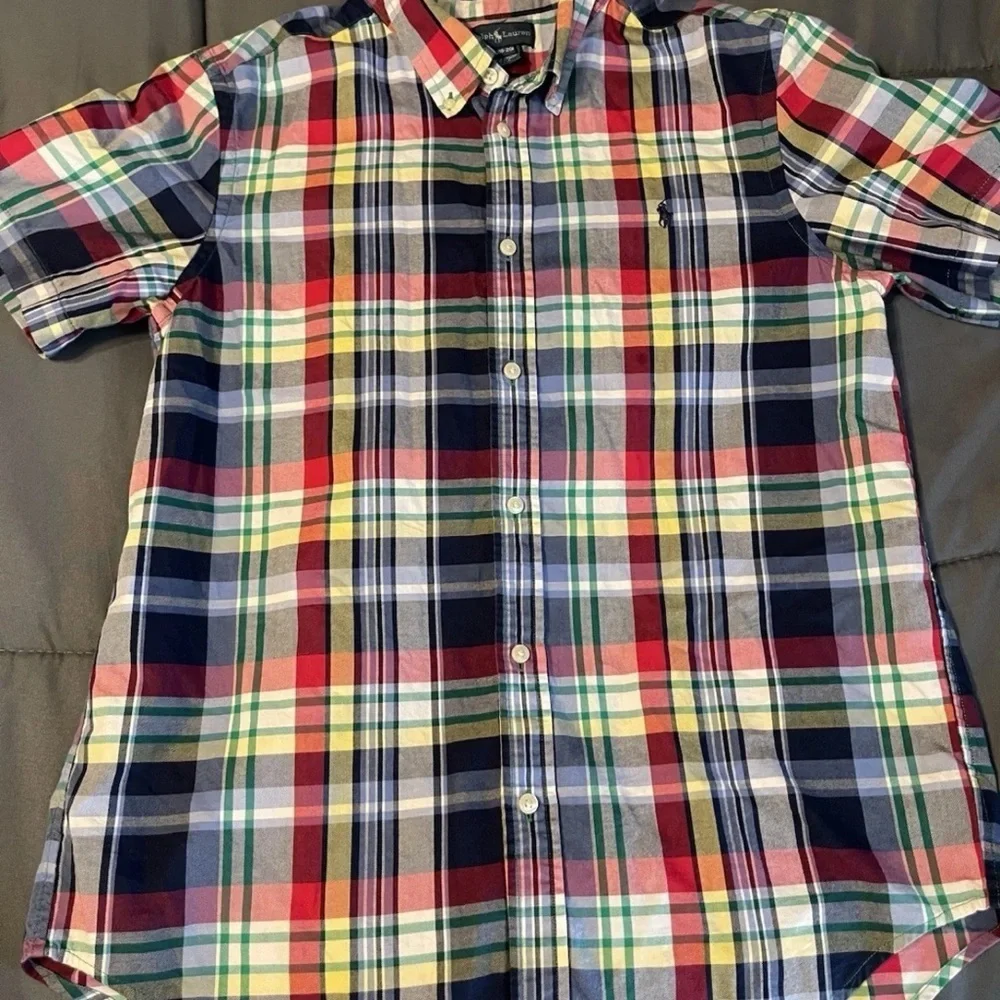 Ralph Lauren Plaid Shirt Boys XL (18-20) Blue Red Short Sleeve Button Down